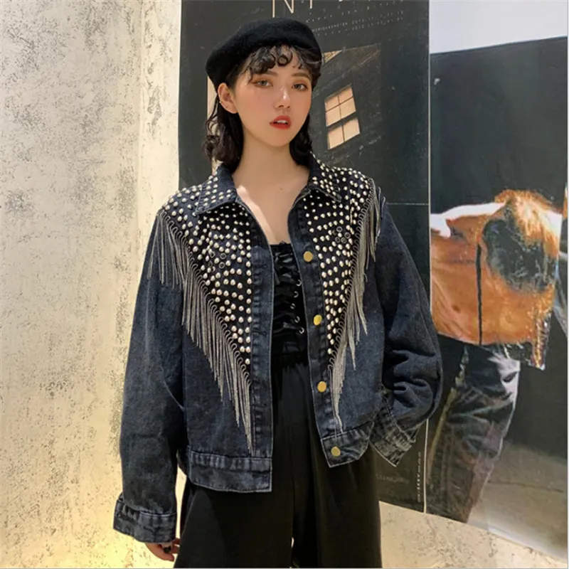Heavy Industry Beaded Diamond Tassel Short Denim Jacket - Dark Grey