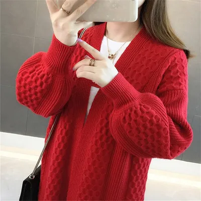 Women's Knit cardigan sweater loose coat Red - Shop at LoveMi
