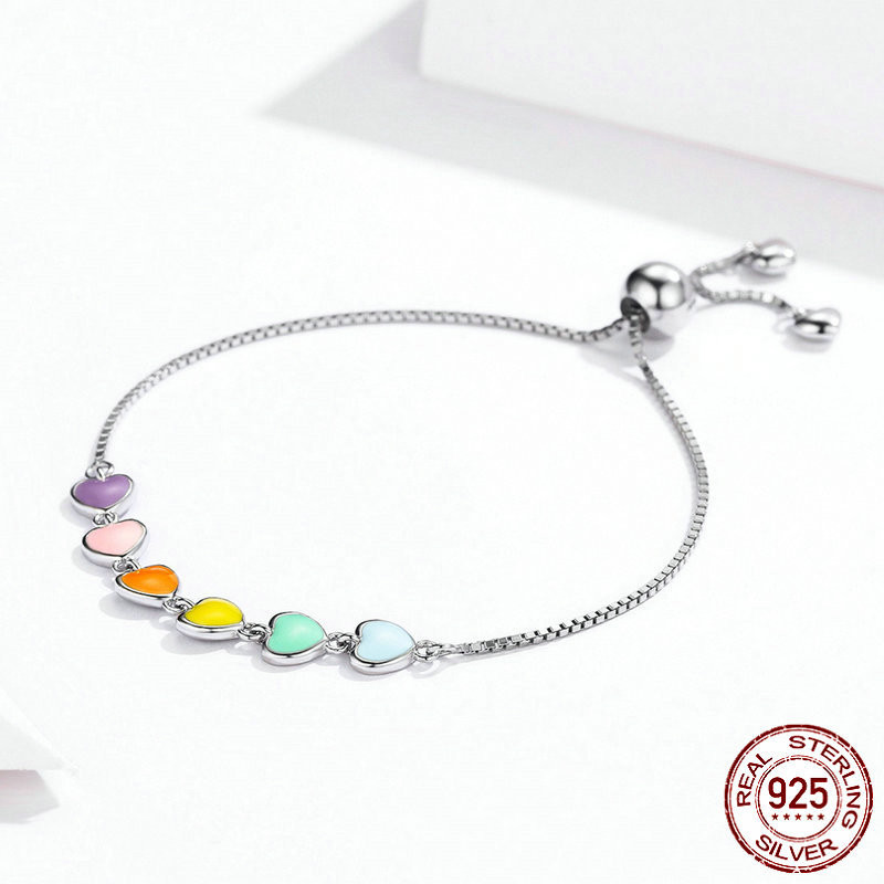 S925 Sterling Silver Rainbow Heart Bracelet