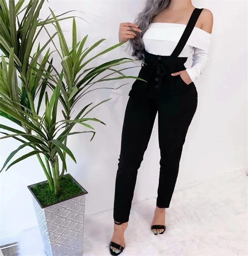 Fashion sexy slim casual suspender trousers - Black