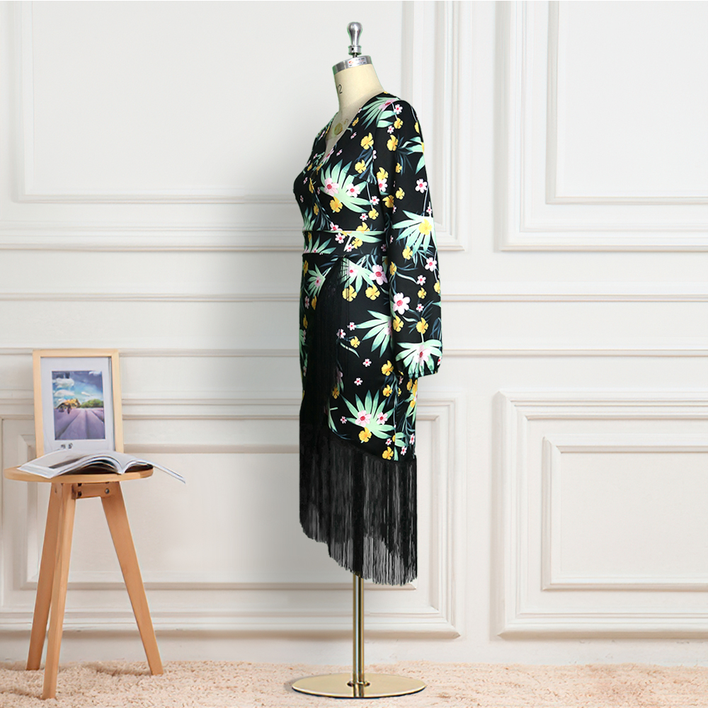 Puff sleeve printed fringed dress