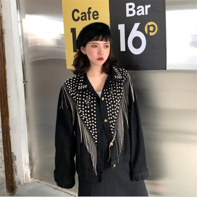 Heavy Industry Beaded Diamond Tassel Short Denim Jacket Black - Shop at LoveMi
