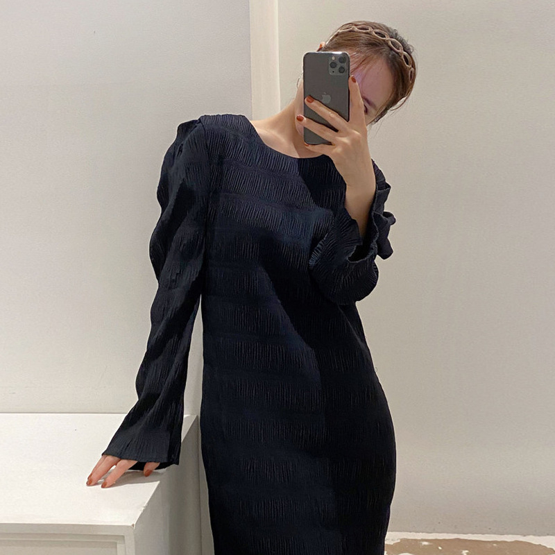 Pleated textured ruffle dress