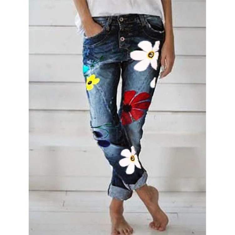 Printed denim trousers Dark Blue - Shop at LoveMi