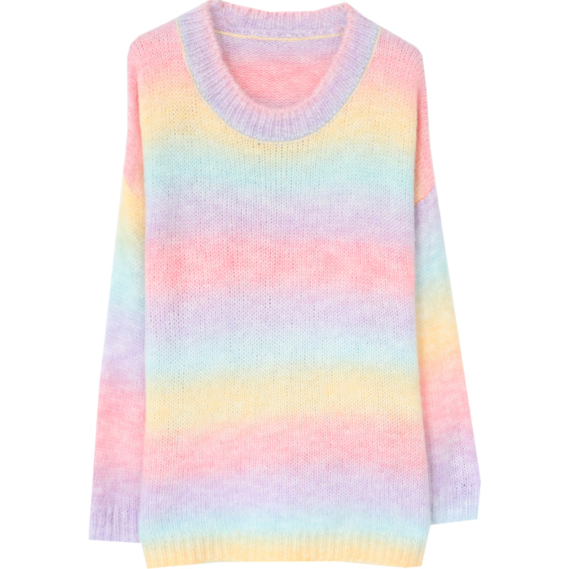 Striped sweater women's Pullover rainbow crew neck