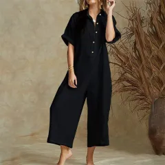 Casual Loose Long Jumpsuit Short Sleeve Rompers - Black - View 1