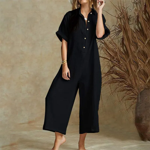 Casual Loose Long Jumpsuit Short Sleeve Rompers Black - Shop at LoveMi