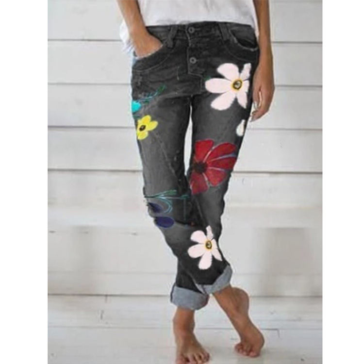 Printed denim trousers Black - Shop at LoveMi