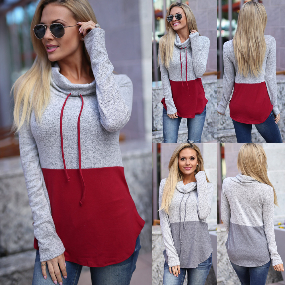 Patchwork long-sleeved pile neck pullover sweater
