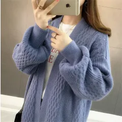 Women's Knit cardigan sweater loose coat - Blue - View 1