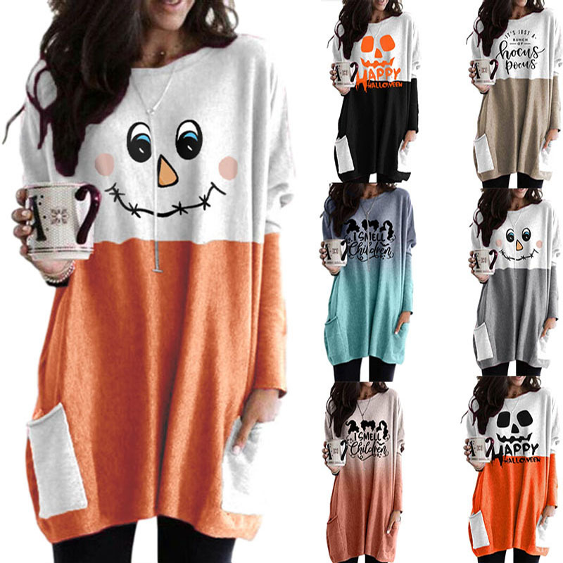 Letter print round neck long sleeve pocket dress