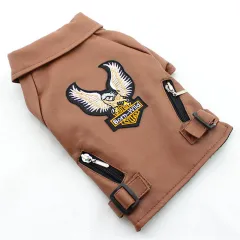 Pet Small Dog Sticker Embroidered Eagle Leather Jacket - Brown - View 1