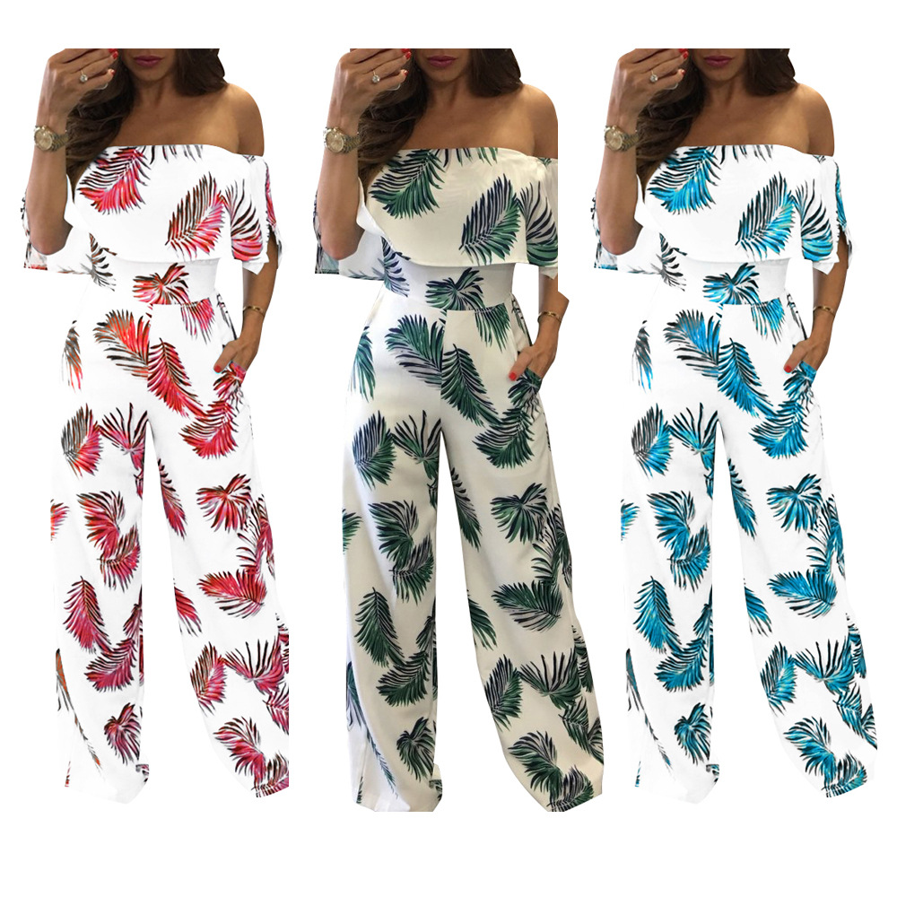 Printed word collar ruffled loose jumpsuit