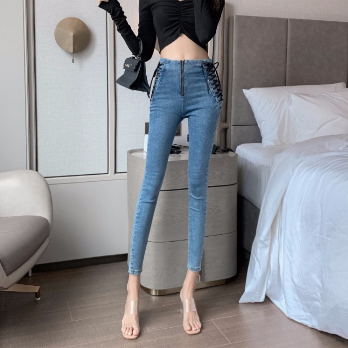 High-rise lace-up jeans