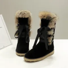 Real rabbit fur flat ankle boots - Black - View 1