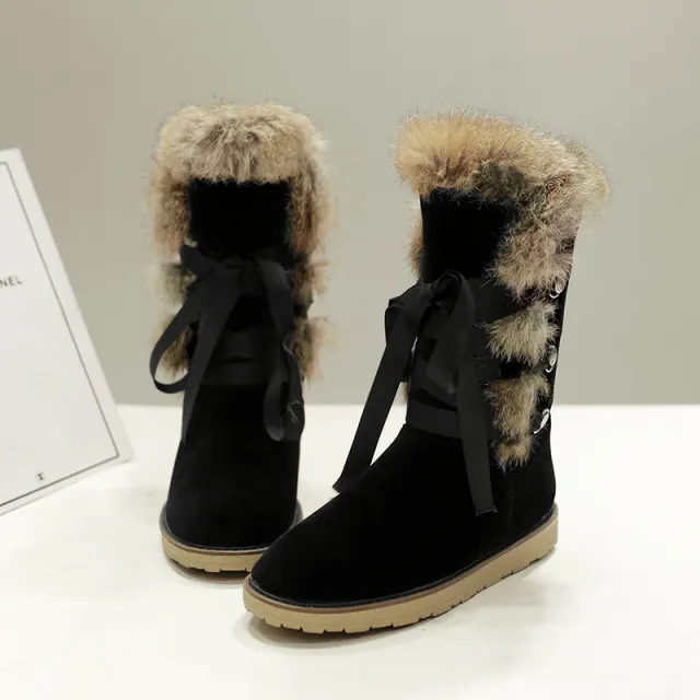 Real rabbit fur flat ankle boots Black - Shop at LoveMi
