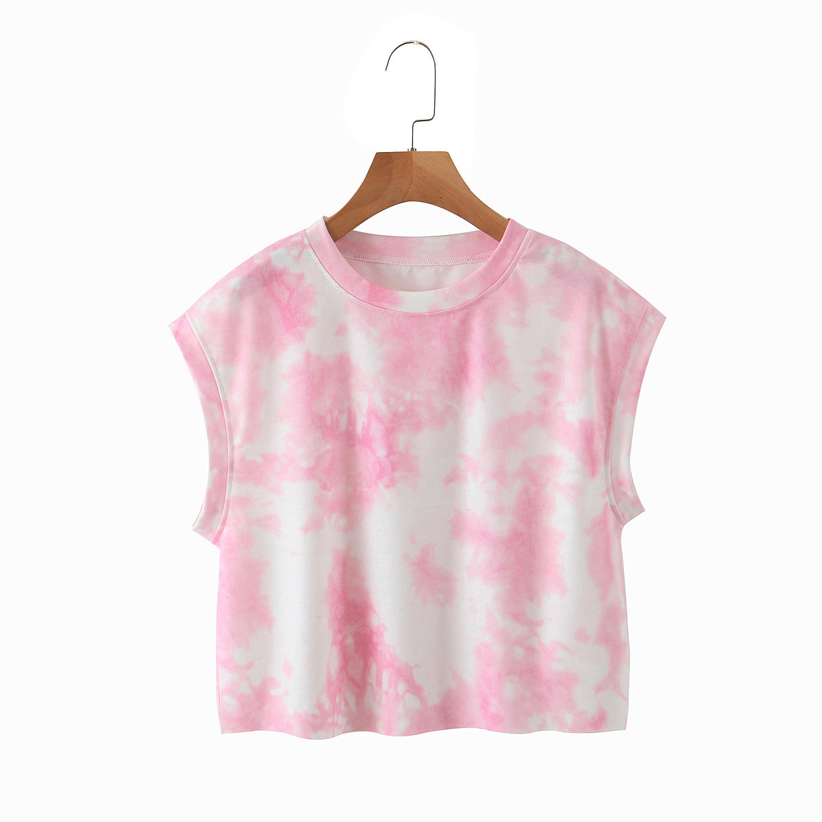 Round neck sleeveless tie-dye printed cropped top T-shirt women