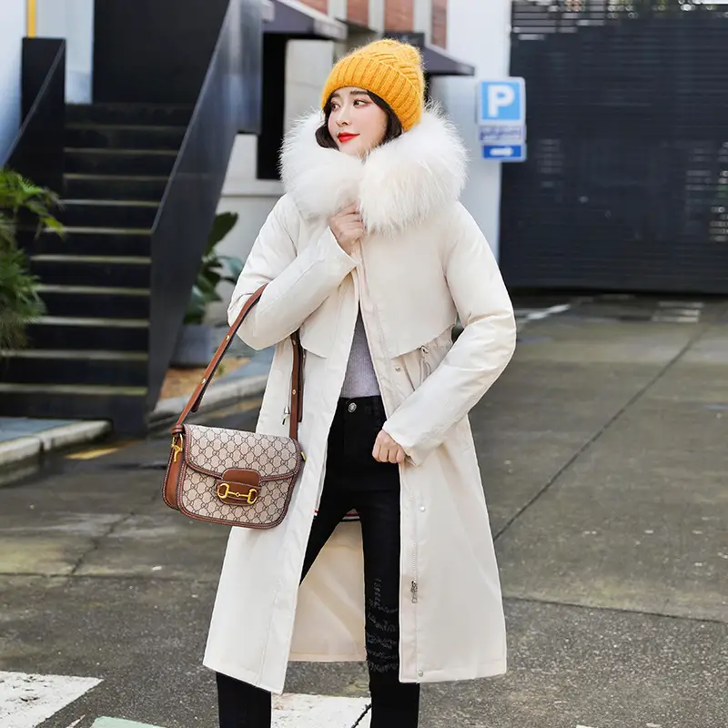 Mid-length women's lamb fur collar down jacket