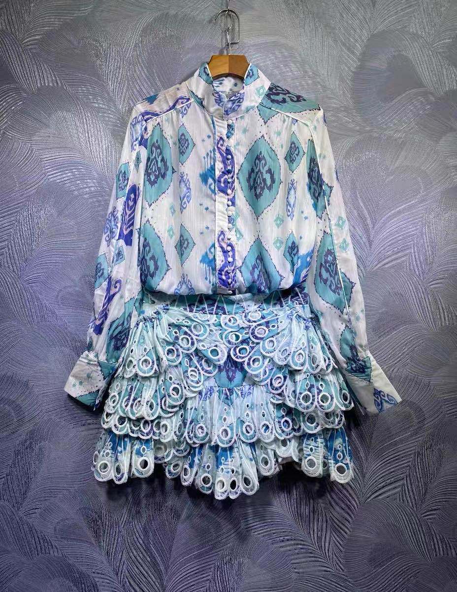 Stand-up collar long-sleeved printed shirt Irregular hollow half skirt