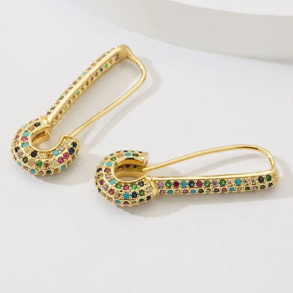 Safety Pin Earrings with Colorful Crystal Accents