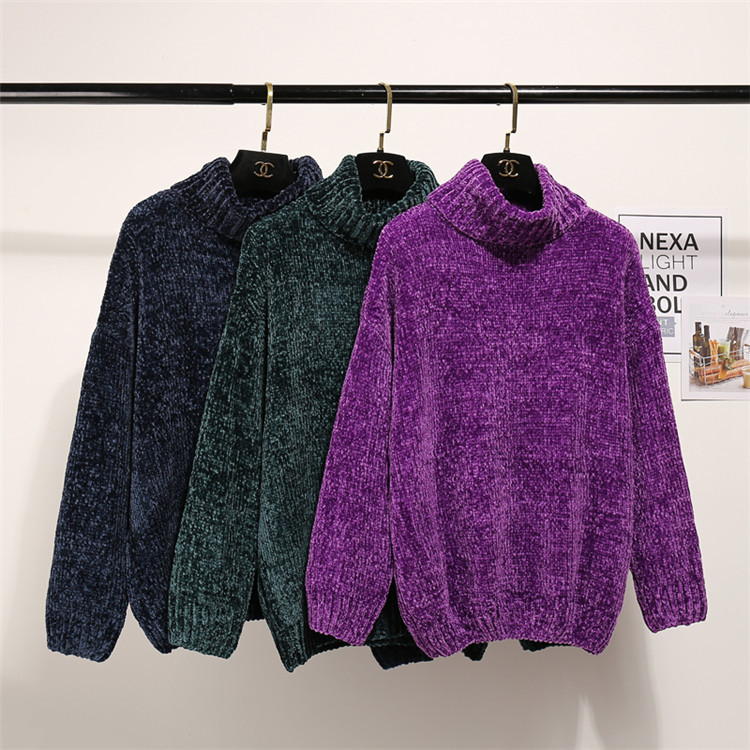 Lazy style loose chenille gold velvet pullover turtleneck sweater
