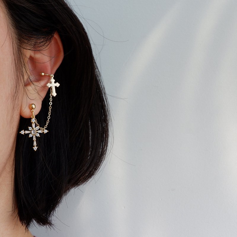 Baroque cross ear bone clip earrings