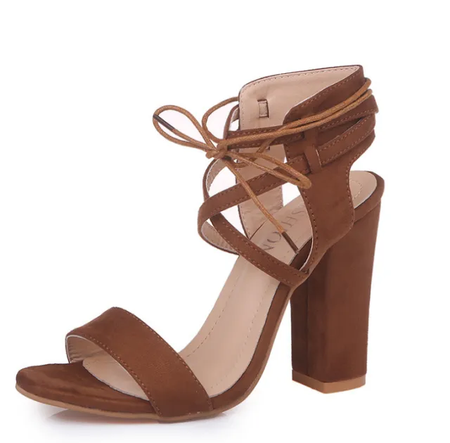 Super high heel hollow round head with sandals ankle strap buckle women's shoes Brown - Shop at LoveMi