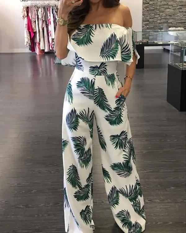 Printed word collar ruffled loose jumpsuit - Green Flower