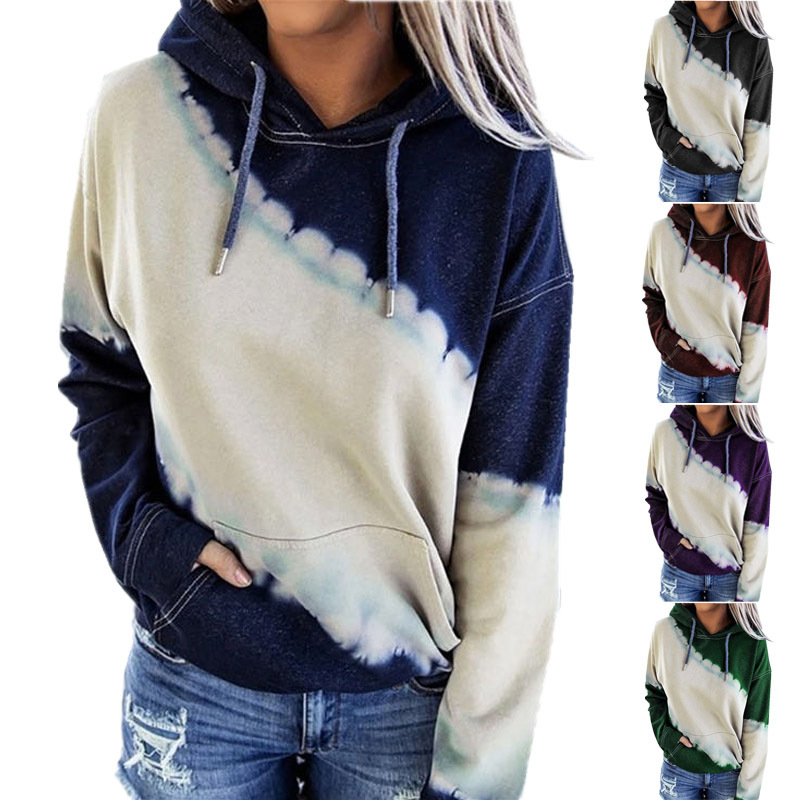 Loose tie-dye printed long-sleeved hooded sweatshirt T-shirt