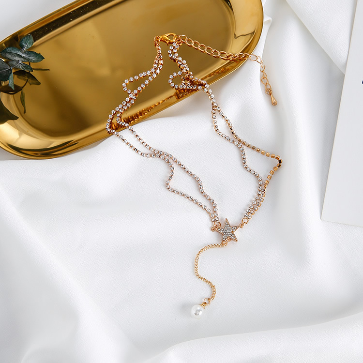 Five-pointed star pearl pendant clavicle neck chain chokerY-shaped tassel double necklace