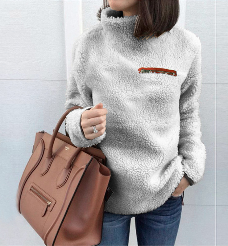 Fashion zipper high neck warm blouse sweater