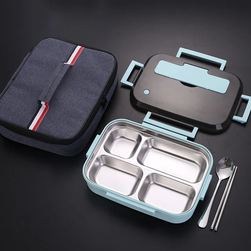 304 Stainless Steel Square Lunch Box - Blue 4Position With Bag