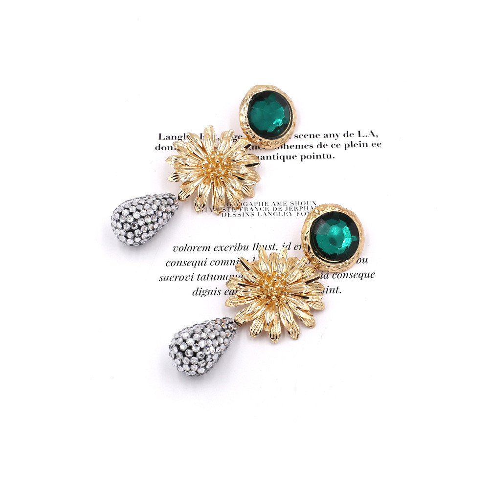 Metal flower earrings artificial gemstone earrings