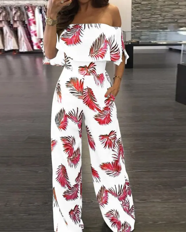 Printed word collar ruffled loose jumpsuit Safflower - Shop at LoveMi