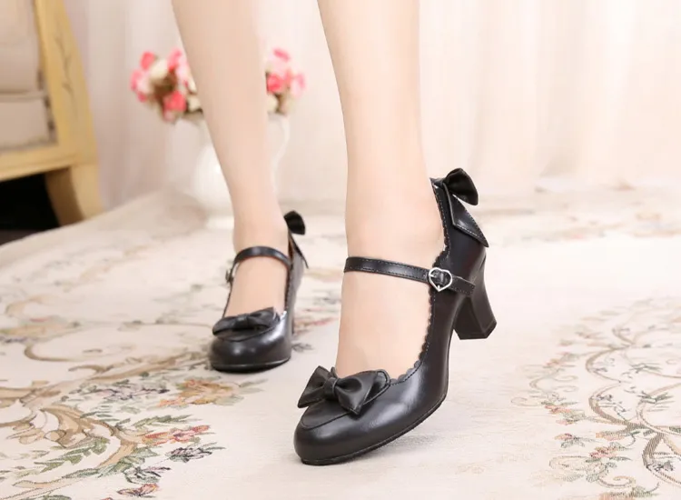 Bowknot single shoes with round head - Black