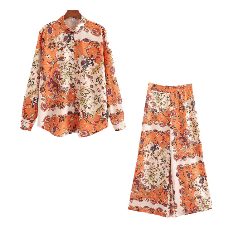 Resort style high-rise orange print wide-leg pants