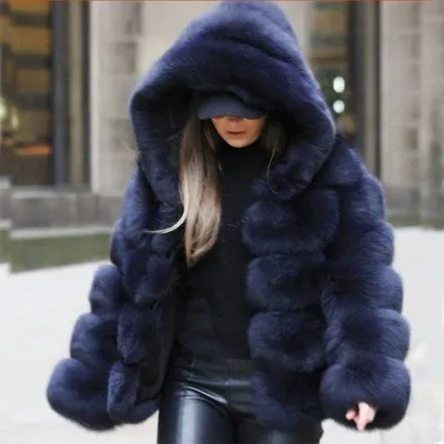 Women Luxury Winter Warm Fluffy Faux Fur Short Coat Jacket Dark Blue - Shop at LoveMi