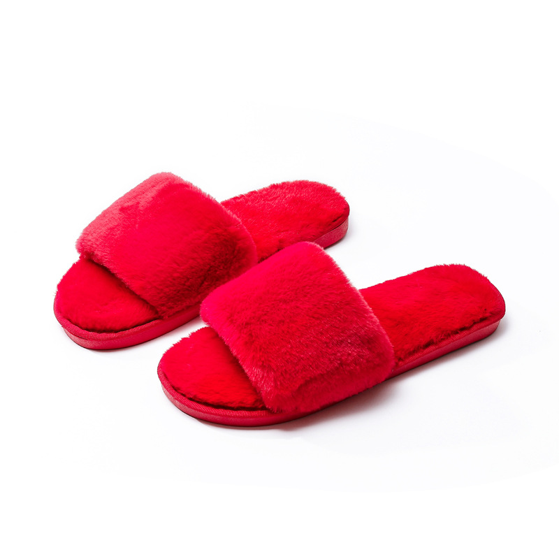 Fleece slippers women's one word cotton slippers Red - Shop at LoveMi