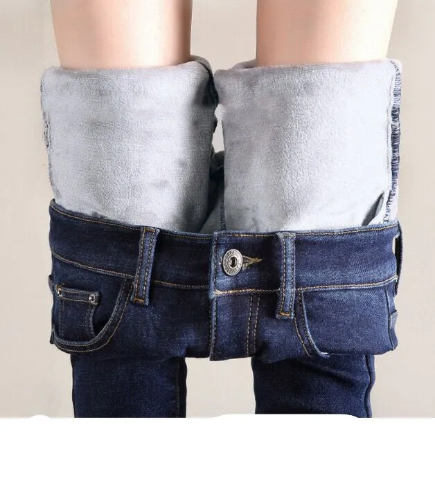 Women Thermal Jeans Winter Snow Warm Plush Stretch Jeans Lady Skinny Thicken Fleece Denim Long Pants Retro Blue Pencil Trousers Blue Grey - Shop at LoveMi