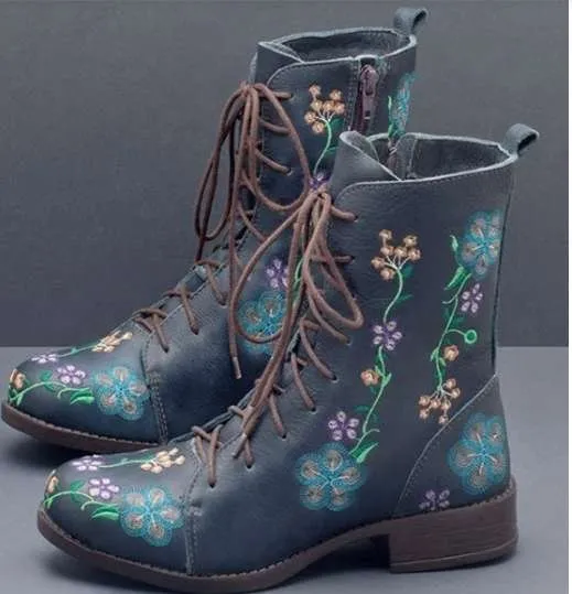 Ladies mid heel embroidered low boots Blue - Shop at LoveMi