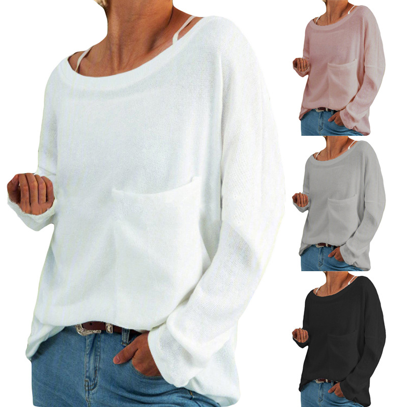 Round neck chest pocket blouse with long sleeves