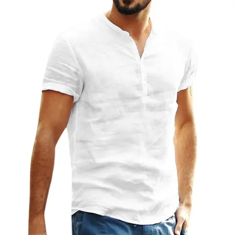 Stand-up Collar Cotton and Linen Short-sleeved Shirt