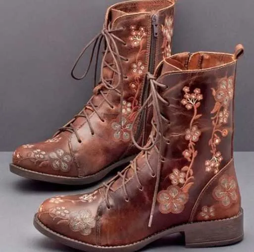 Ladies mid heel embroidered low boots Red - Shop at LoveMi