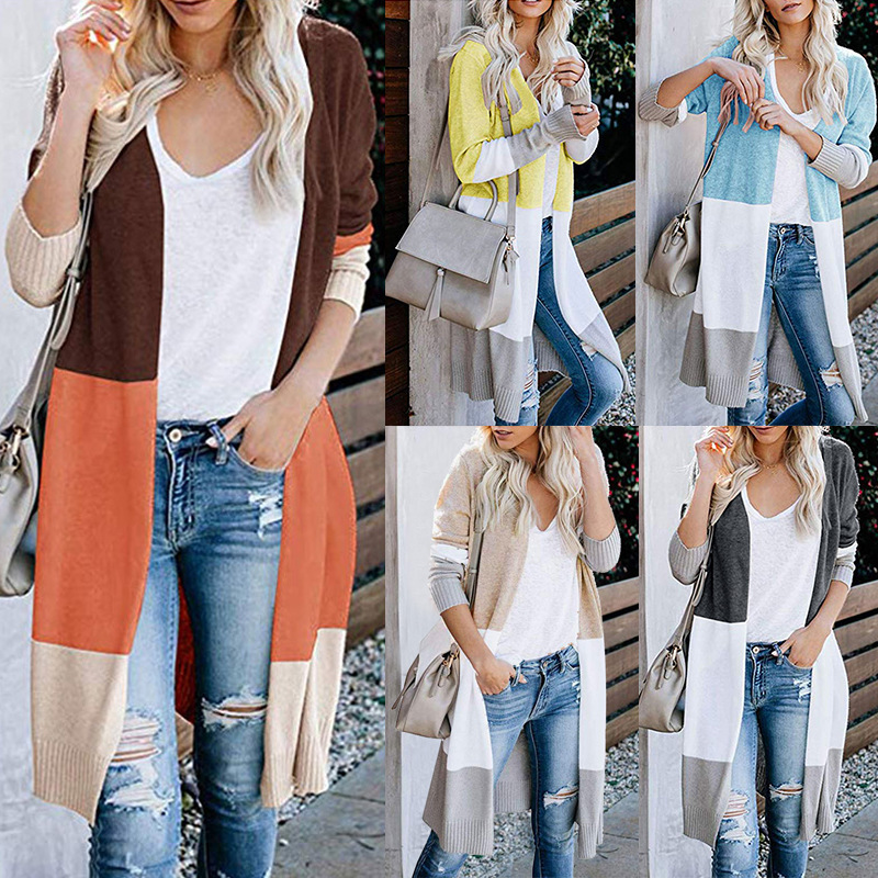 Three-color stitching striped long sweater coat