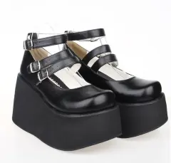 Thick sole muffin shoes double belt single shoes - Black - View 1