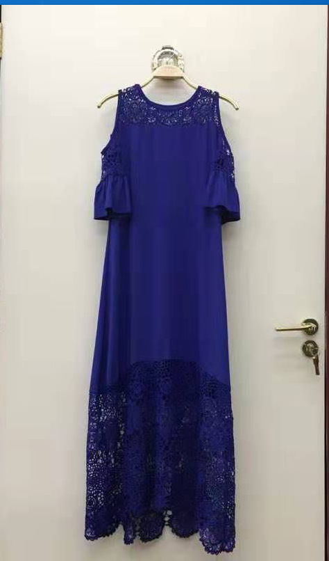 Lace stitching ruffled short sleeve pullover dress women