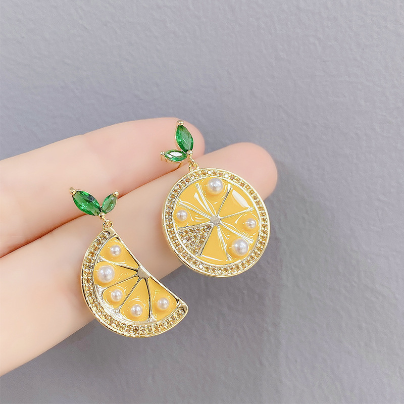 European and American new fashion lemon crystal earrings women''s 925 silver needle inlaid with zircon fruit Earrings temperament Earrings