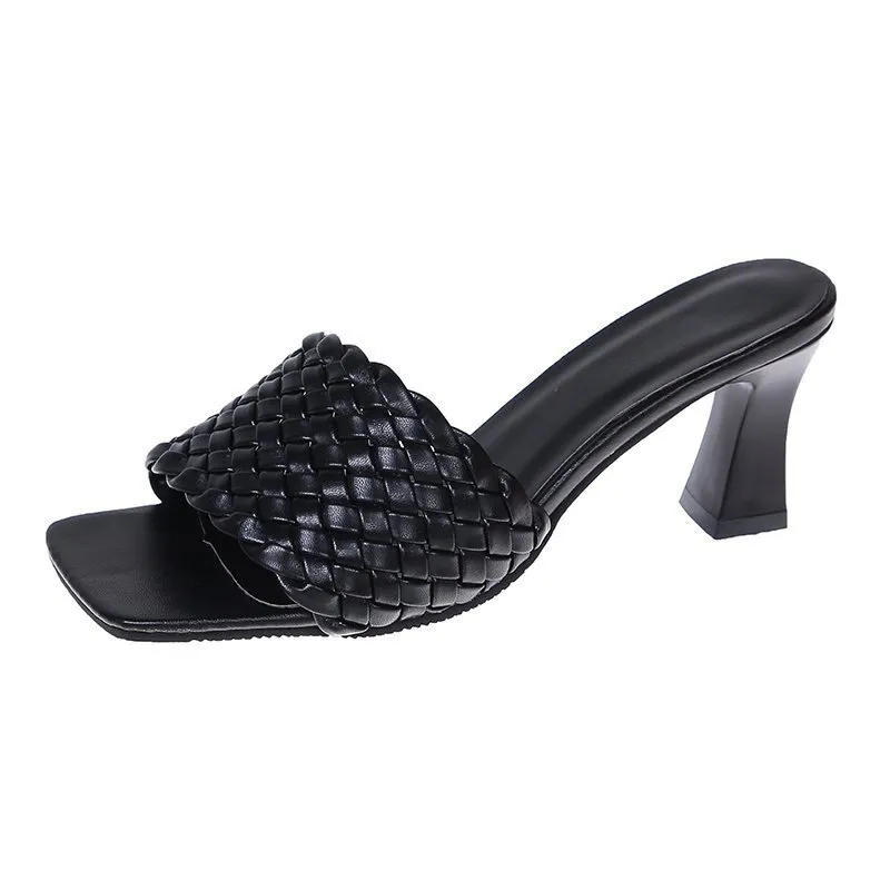 Woven thick heel women's shoes - Black