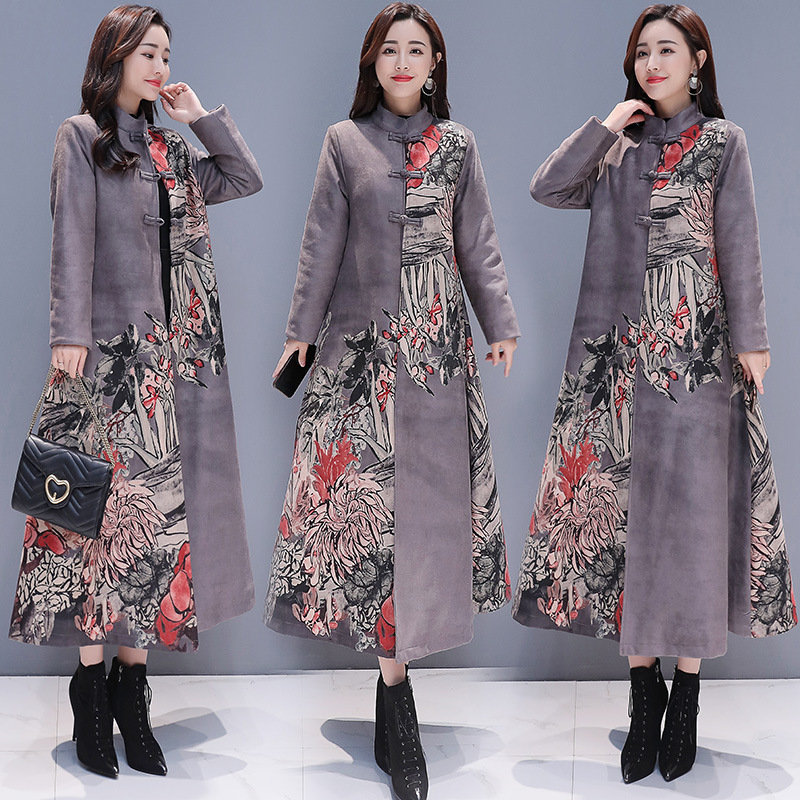 Women's deerskin velvet print trench coat