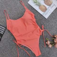 One piece swimsuit Euro American solid high fork adjustable bikini - Pink - View 1